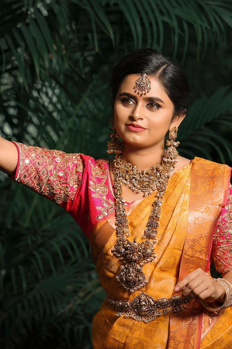 Woman in Traditional Bridal Saree Dress